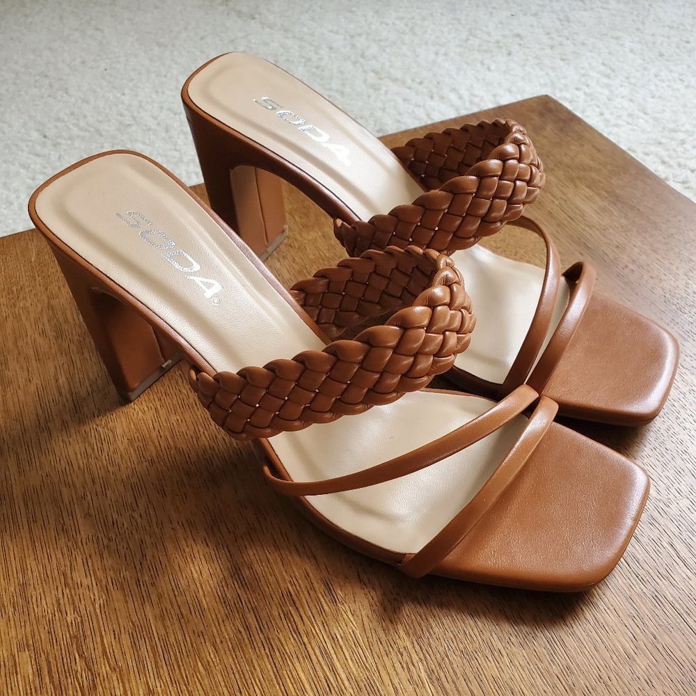 Soda Womens Braided Heeled Mules Square Toe Black Heel Sandals